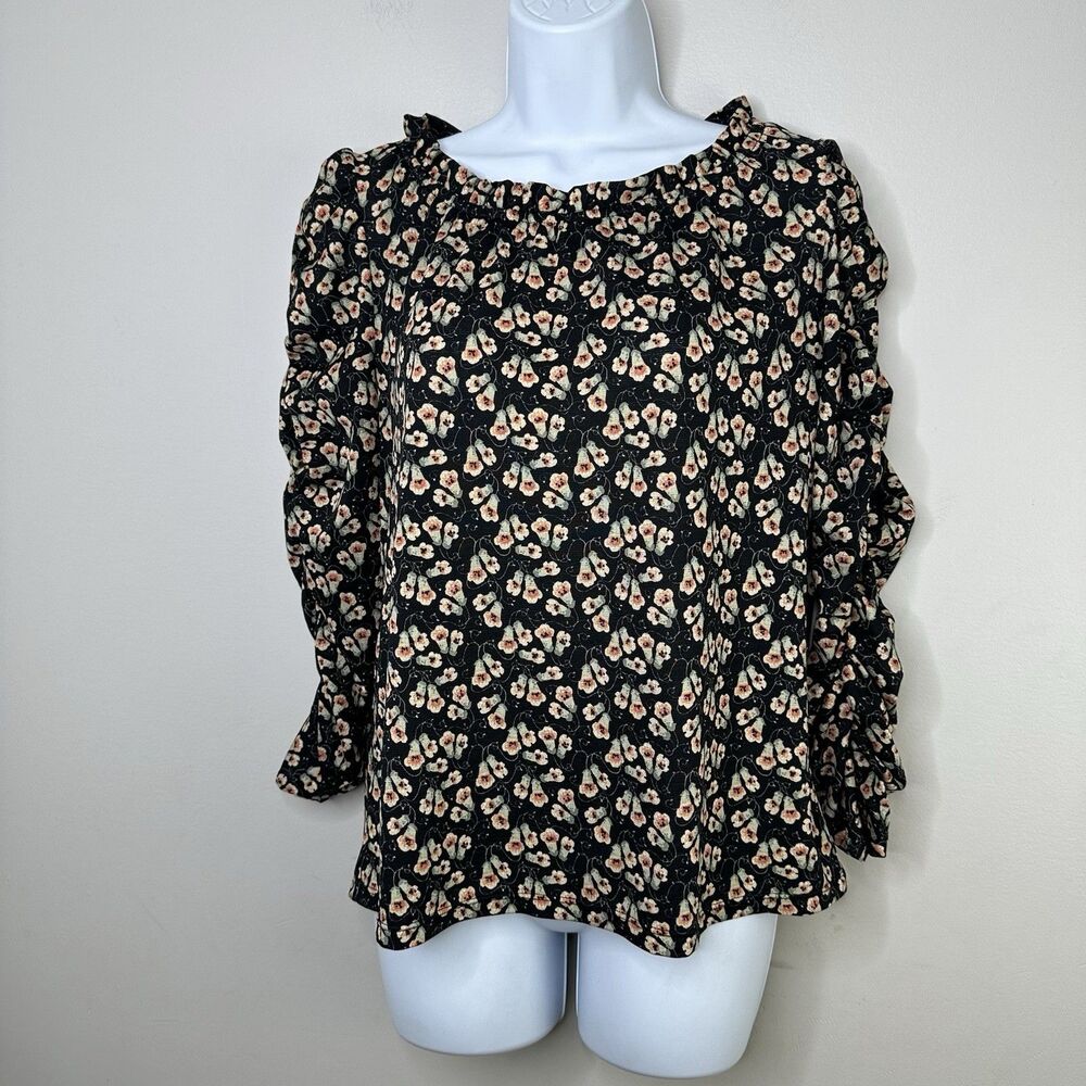 Max Studio Blouse Women's Medium Crepe Ruffles Floral Print Prarie Retro Y2K